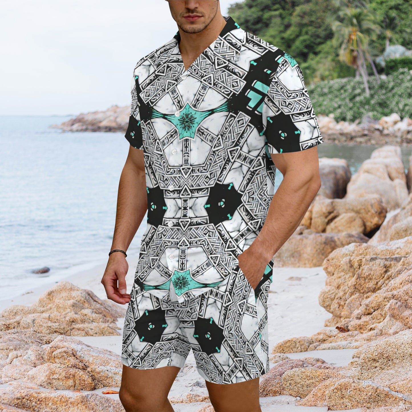 Men's Kaleidoscope Geometric Pattern All Over Print  Hawaiian Shirt & Shorts Set