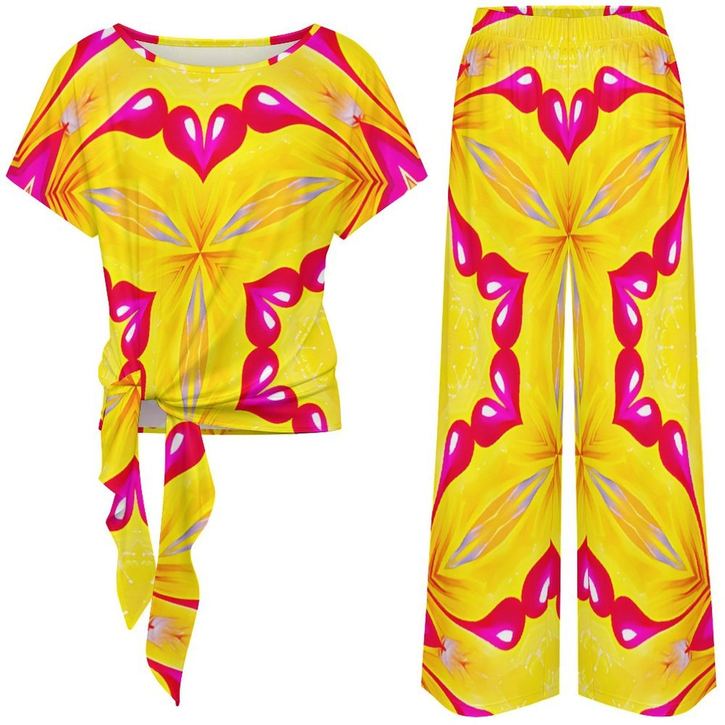 Women's Yellow & Red Heart Pop Pattern All Over Print Side-Tie Short Sleeve Top & Wide-Leg Pants Set