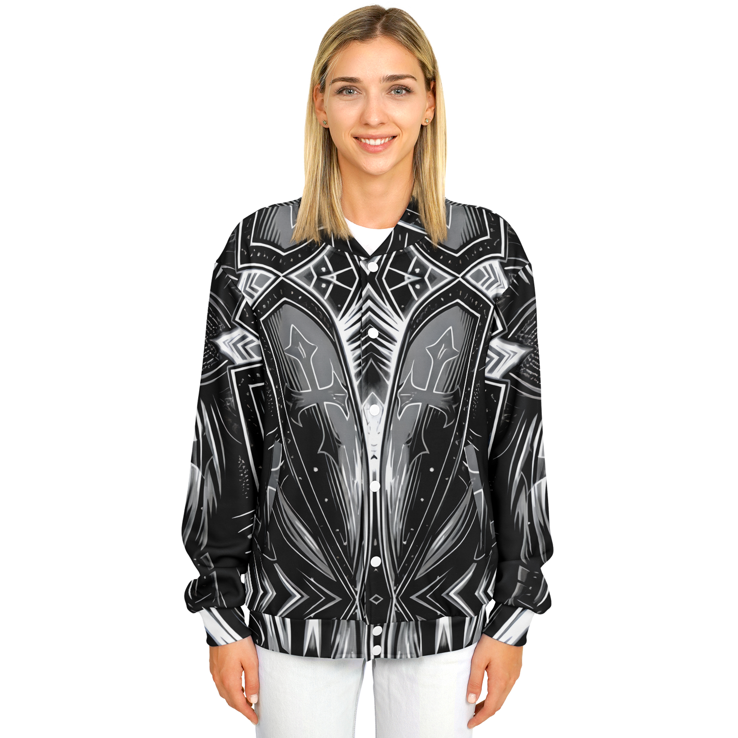 Women's Black & Silver Symmetry Pattern All-Over Print Baseball Jacket