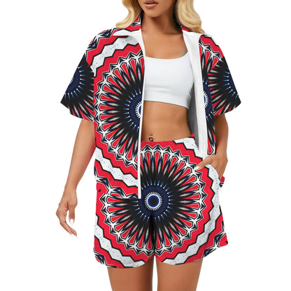 Women's Patriotic Red White Blue Geometric Windbreaker Short Set
