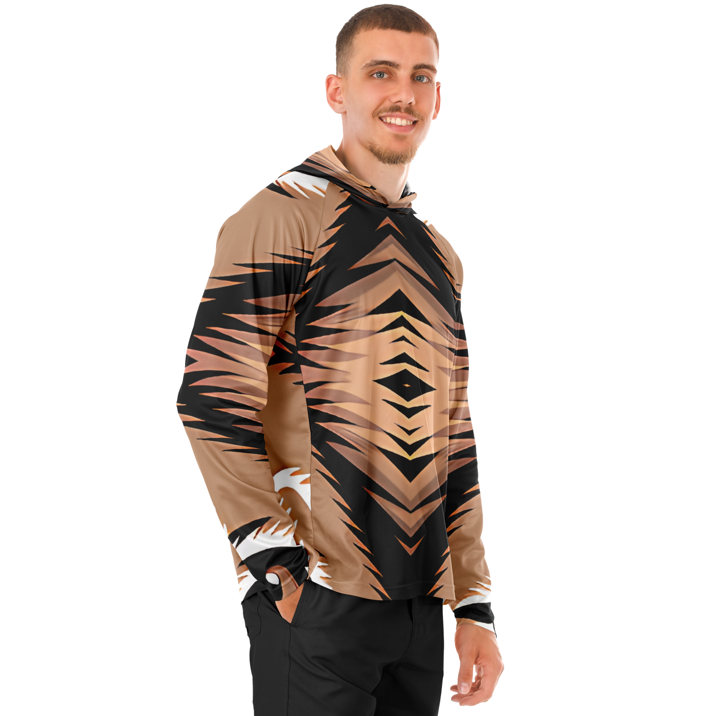 Men’s Bold Tiger Stripe Animal Pattern All Over Print  Long Sleeve Hooded Performance Shirt