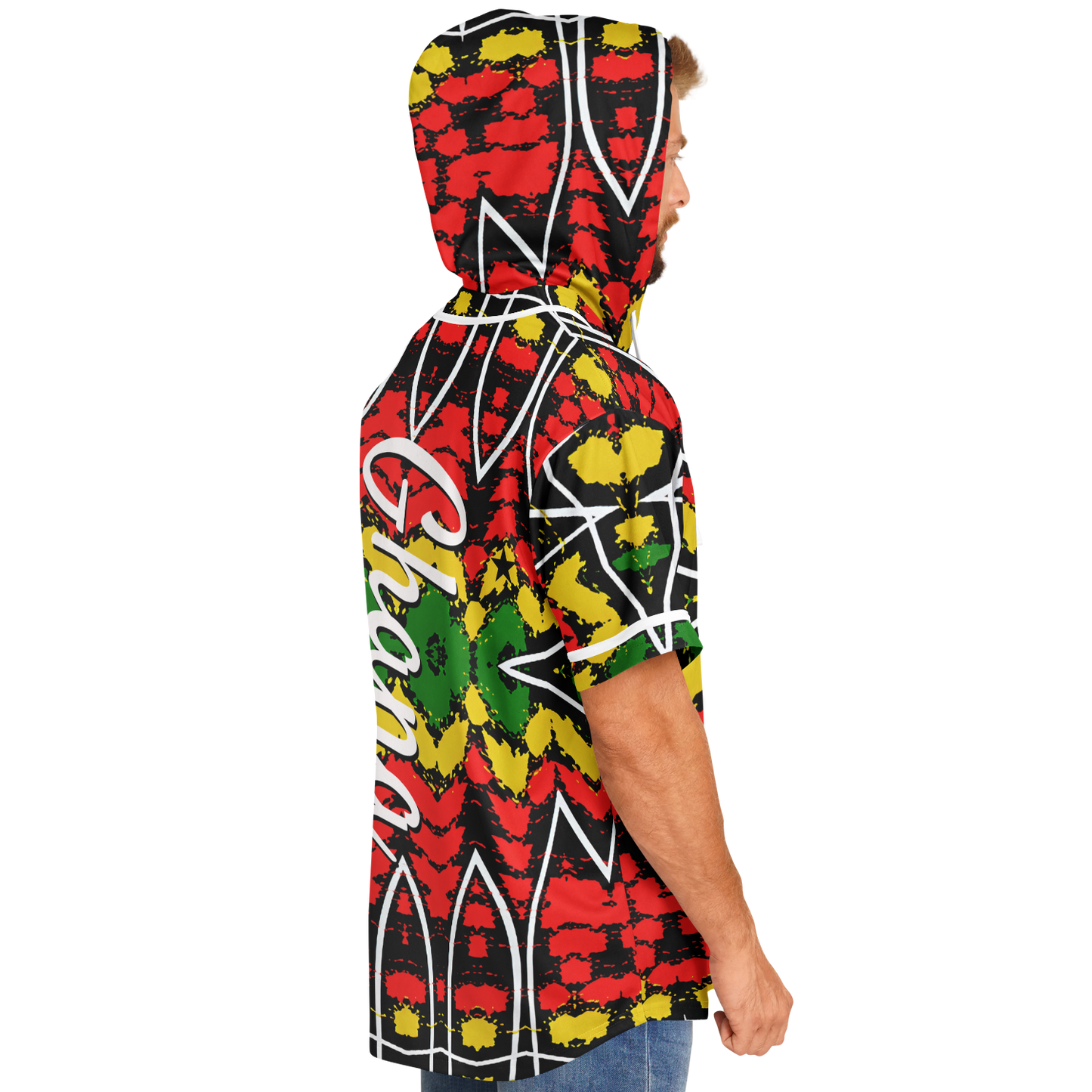 Men's Ghana Flag & Black Star Pattern All-Over Print Hooded Baseball Jersey