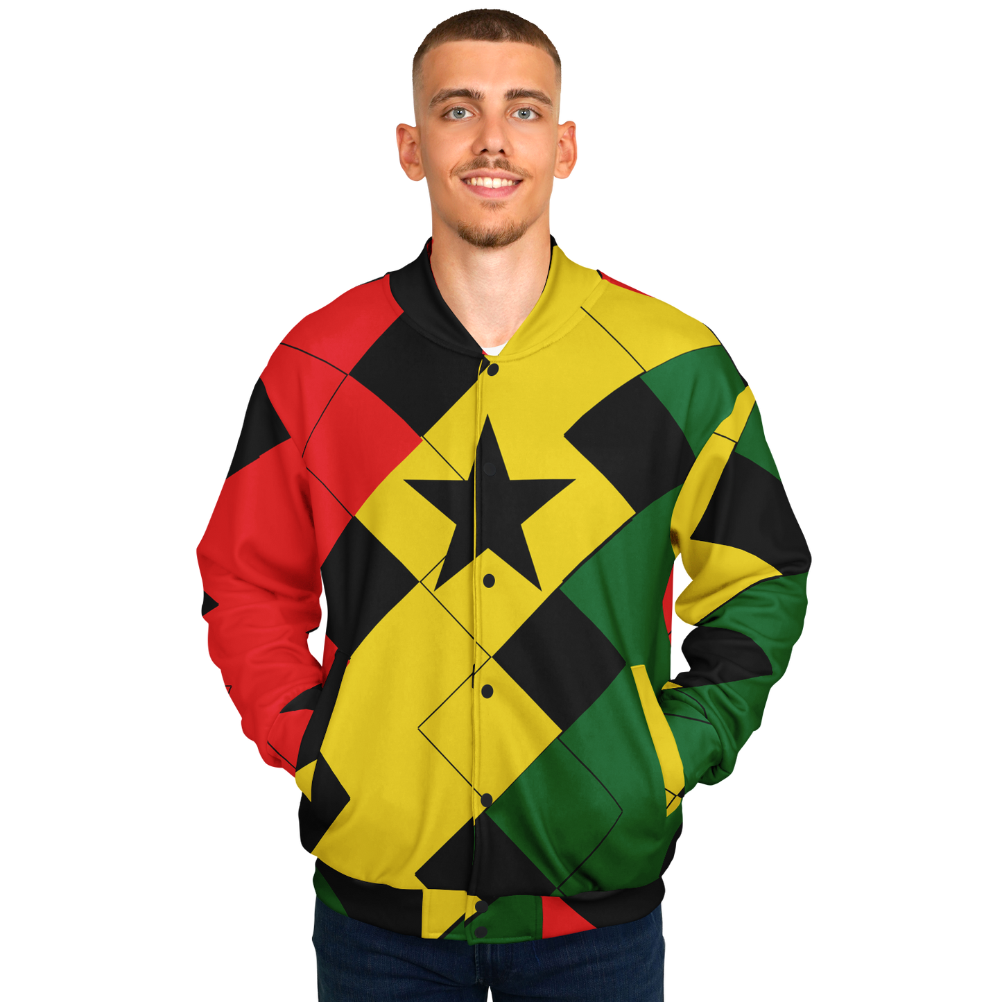 Men's Ghana Flag & Black Star Pattern All-Over Print Baseball Jacket