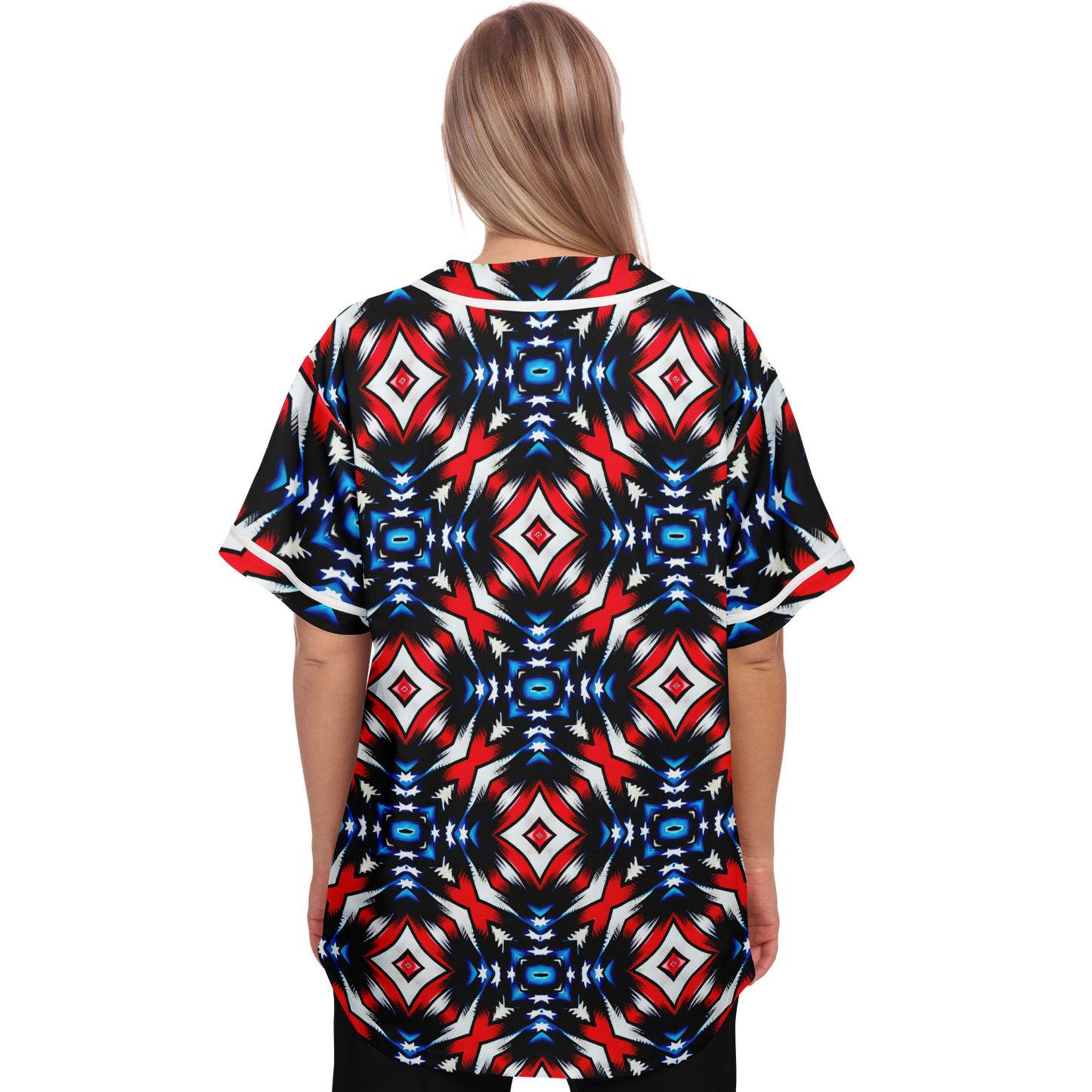 Women's Red White Blue Geometric Pattern All-Over Print Baseball Jersey