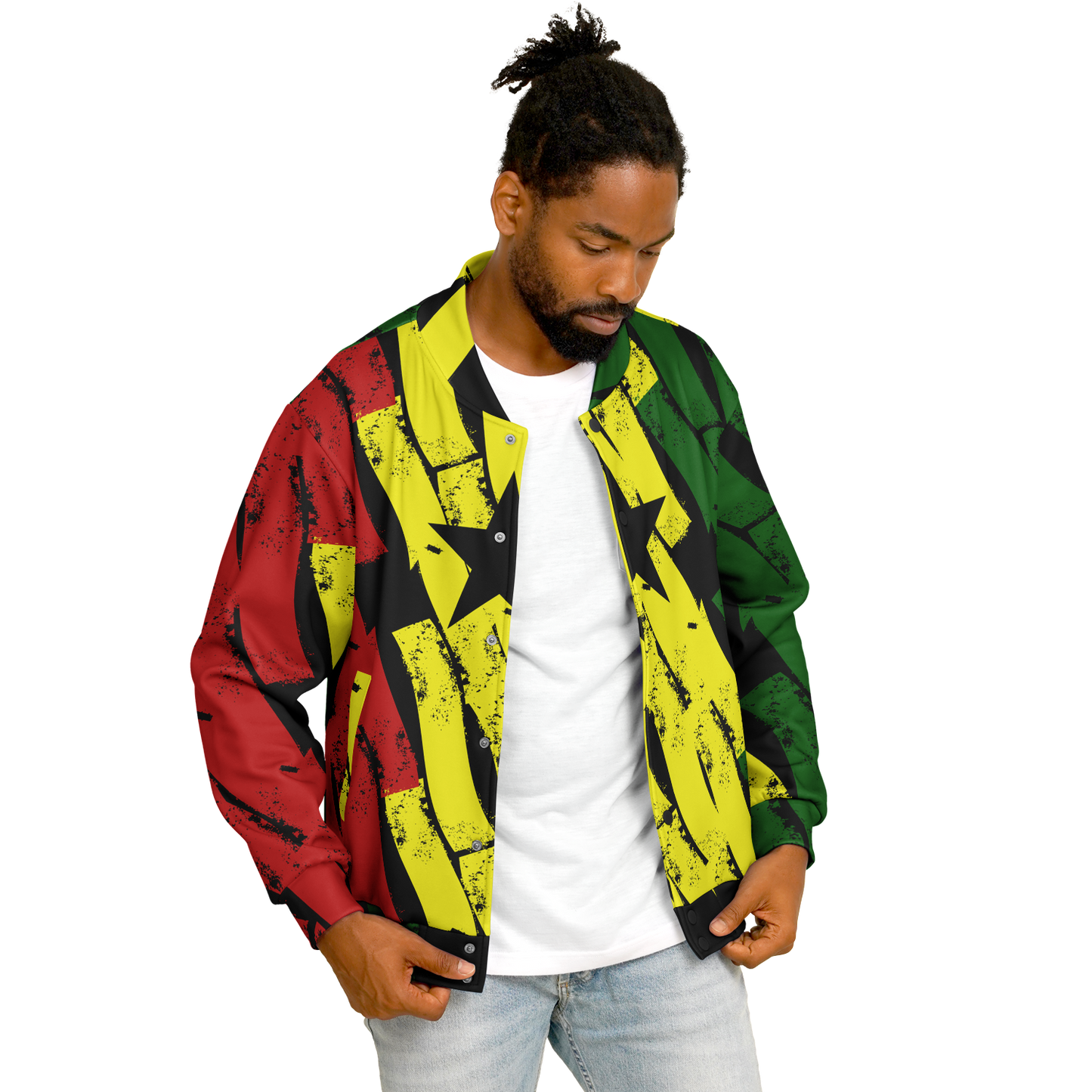 Men's Ghana Flag & Black Star Pattern All-Over Print Baseball Jacket