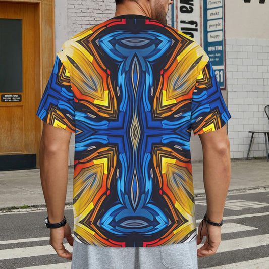 Men's Bold Blue & Gold Abstract Pattern All-Over Print All Over Print Ribbed Collar T-Shirt.