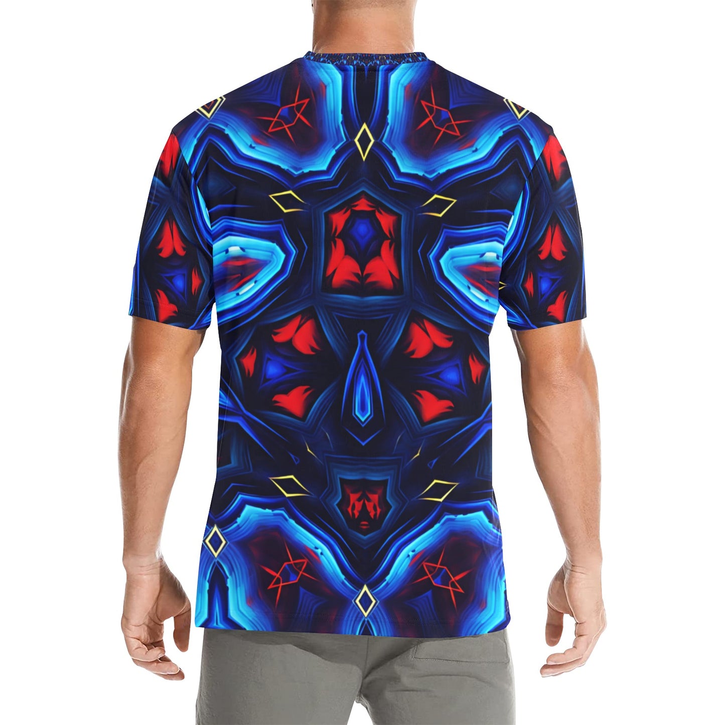 Men's Blue & Red Kaleidoscope Pattern Men's All Over Print Crew Neck T-Shirt