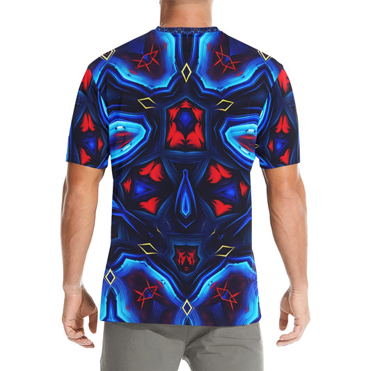 Men's Blue & Red Kaleidoscope Pattern Men's All Over Print Crew Neck T-Shirt