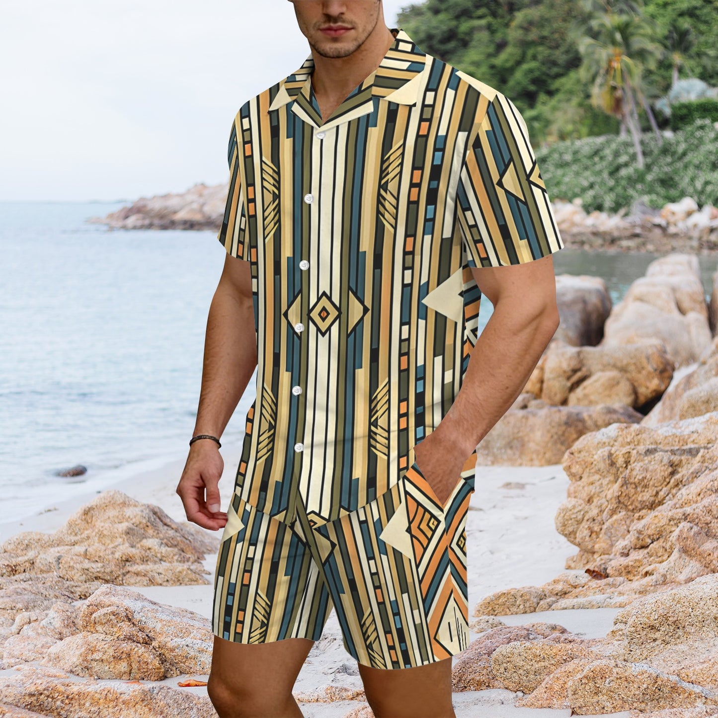 Men's Retro Geometric Tribal Pattern All-Over Print Men's Hawaiian Shirt & Shorts Set
