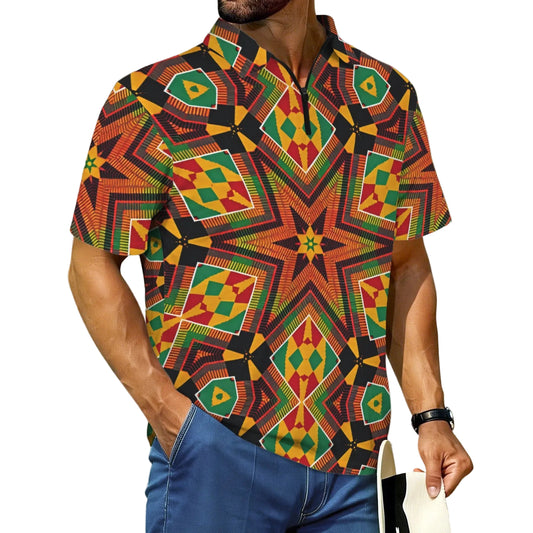 Men's African Kente Geometric Star Pattern All-Over Print Zipper Polo Shirt