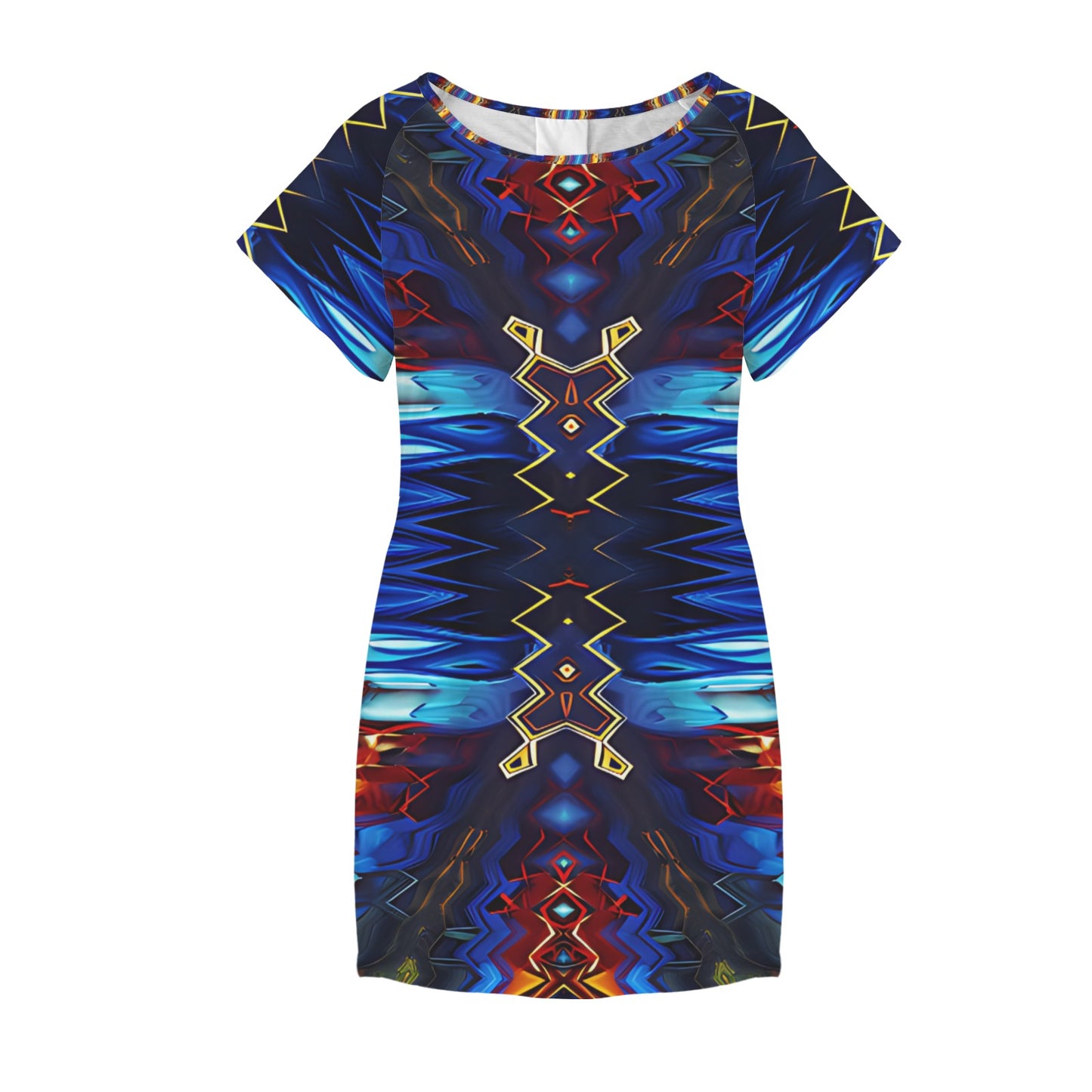 Women's Blue & Red Kaleidoscope Pattern Round Neck Pocket Casual Dress