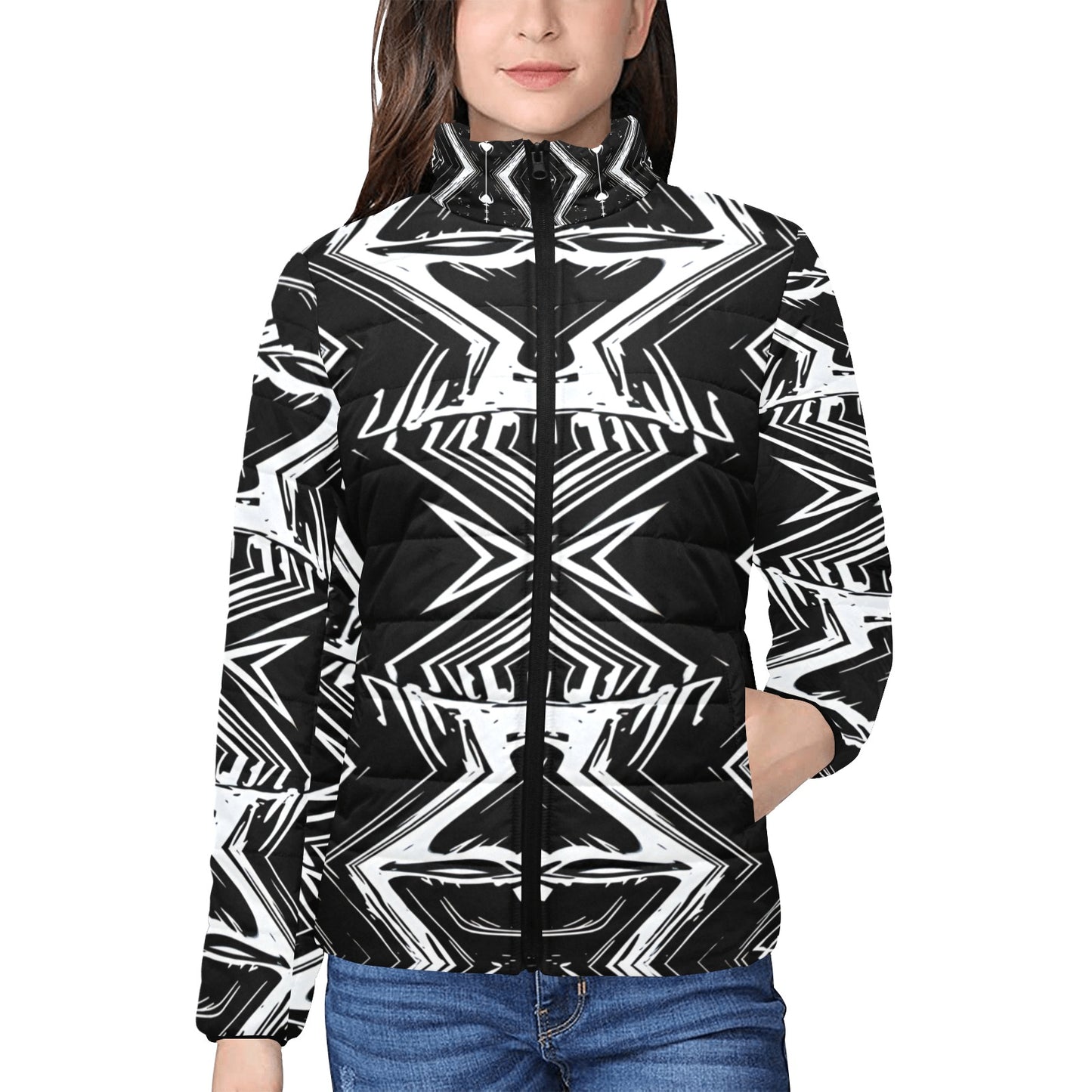 Women's Black & White Geometric Pattern All-Over Print Stand Collar Padded Jacket