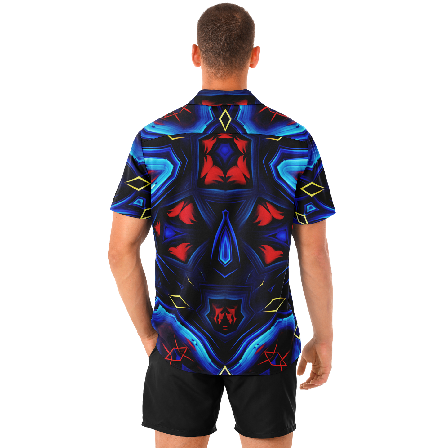 Men's Blue & Red Kaleidoscope Pattern All Over Print Spread Collar Short Sleeve Button-Down Shirt