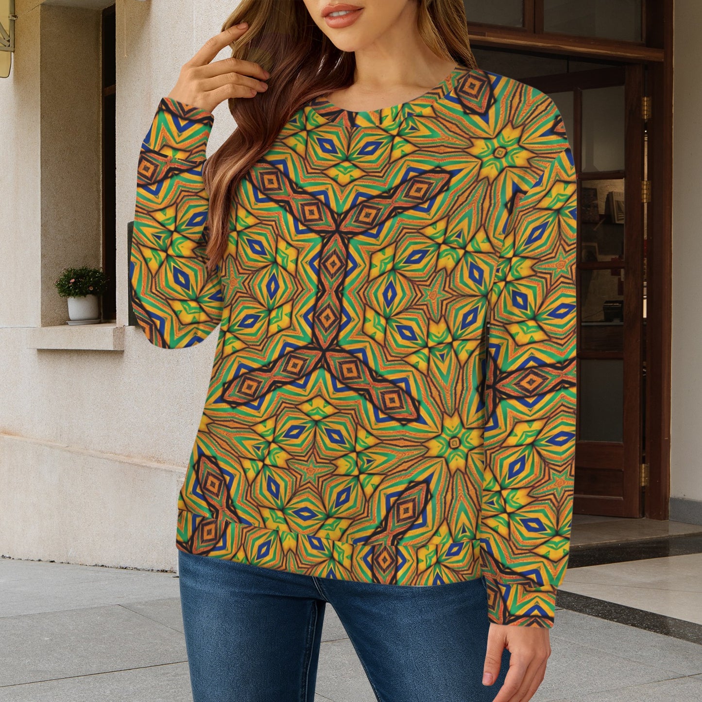 Women's Kaleidoscope Geo Pattern All-Over Print Crew Neck Sweater
