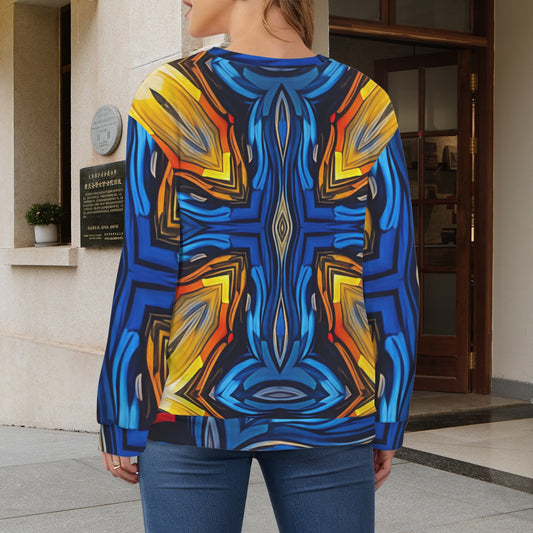 Women's Bold Blue & Gold Abstract Pattern All-Over Print Crew Neck Sweater