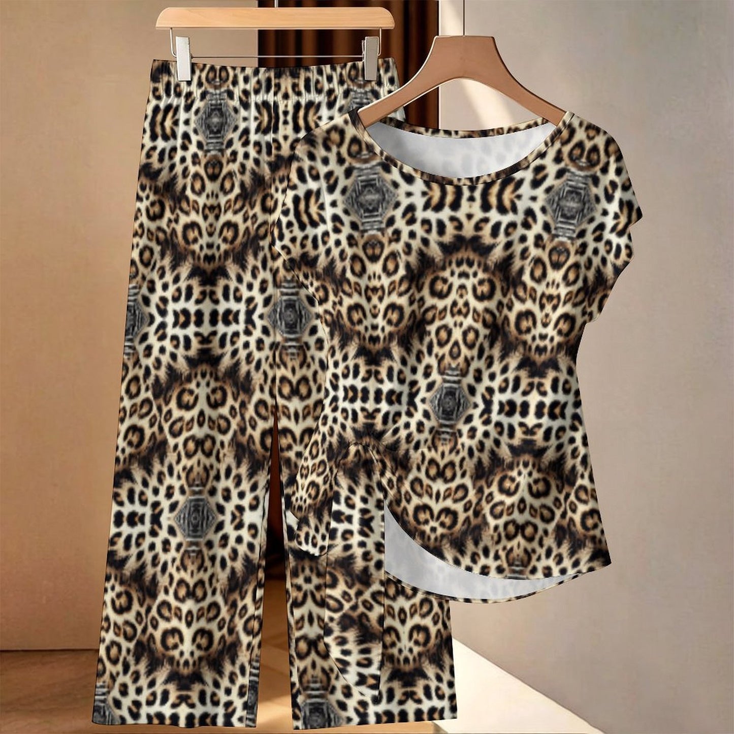 Women's Leopard Trendy Geometric Pattern All-Over Print Side-Tie Short Sleeve Top & Wide-Leg Pants Set