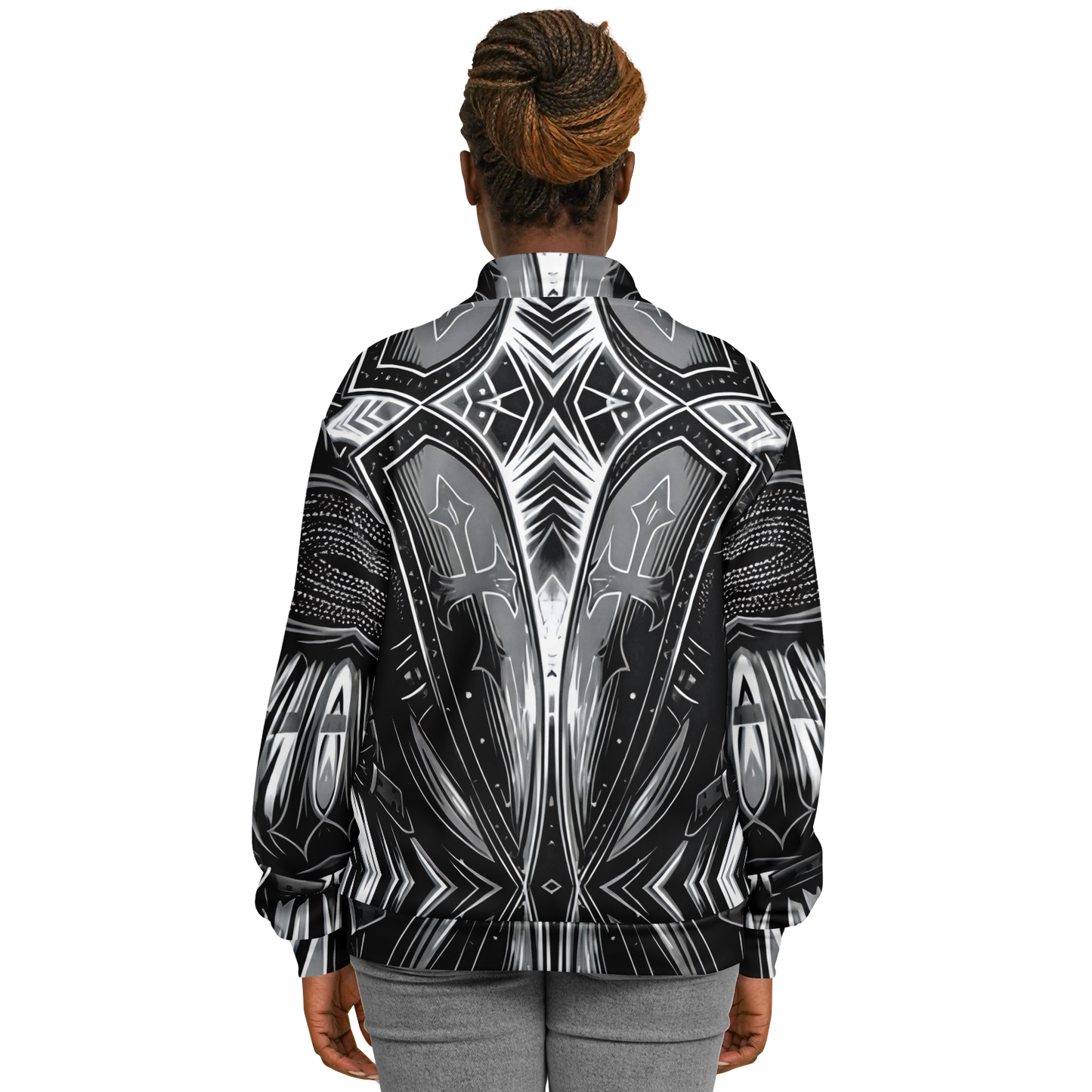 Women's Black & Silver Symmetry Pattern All-Over Print Baseball Jacket