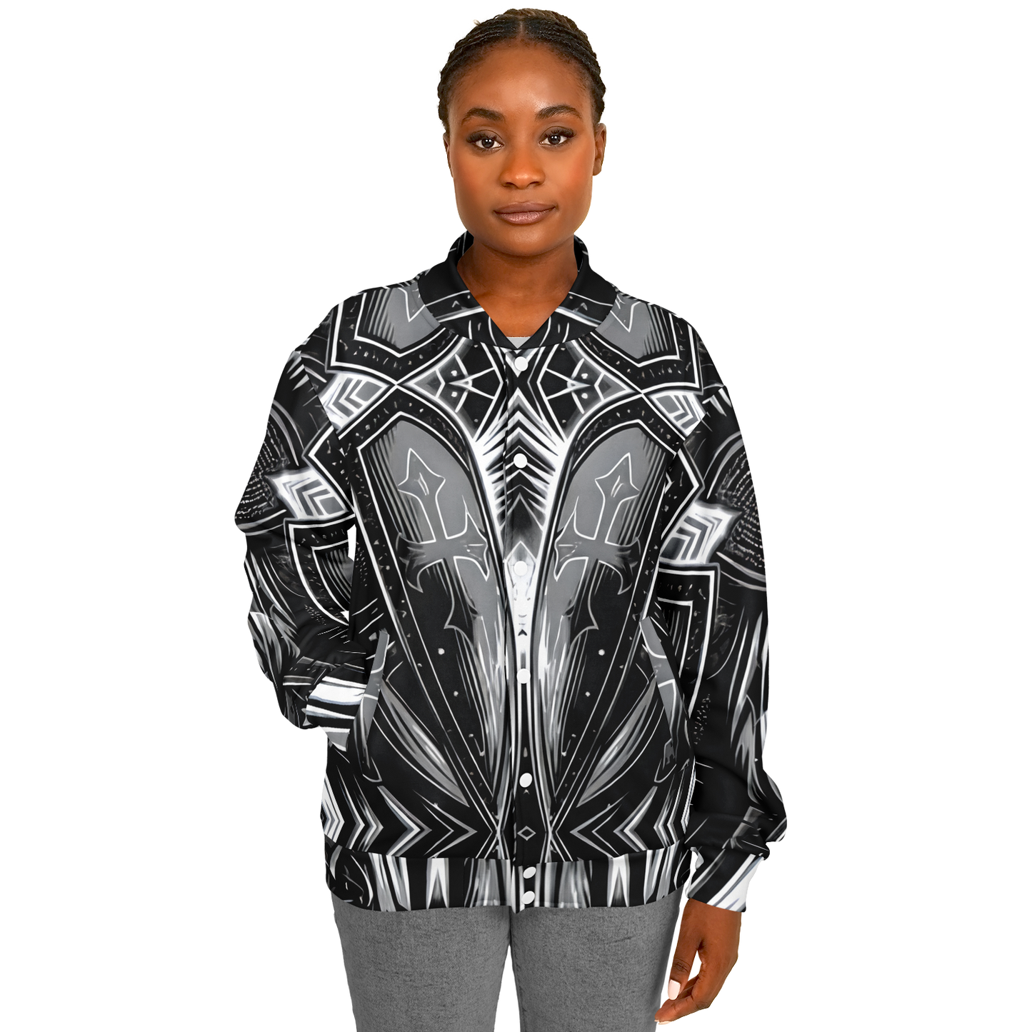Women's Black & Silver Symmetry Pattern All-Over Print Baseball Jacket