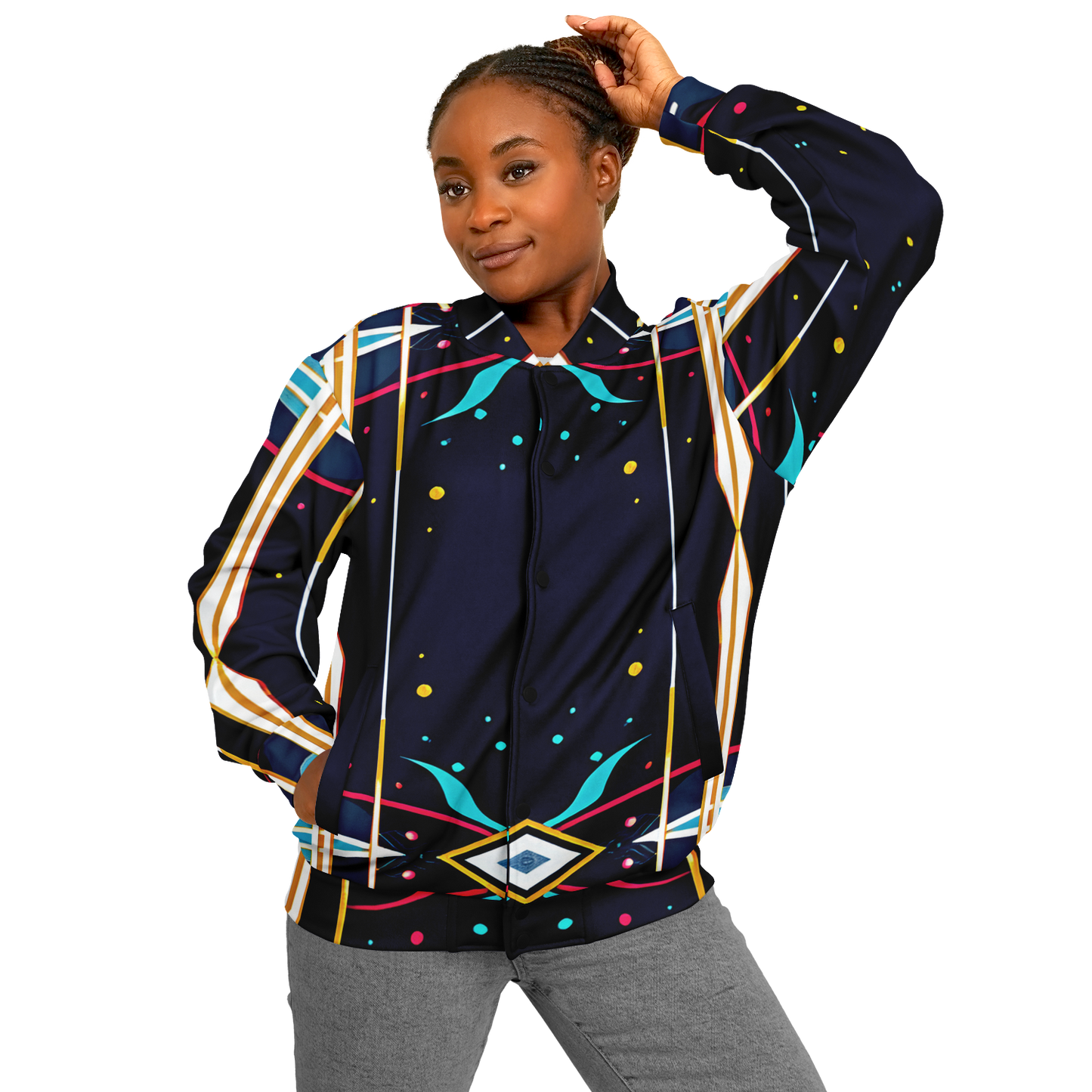 Women's Abstract Neon Geometry Pattern All Over Print Baseball Jacket