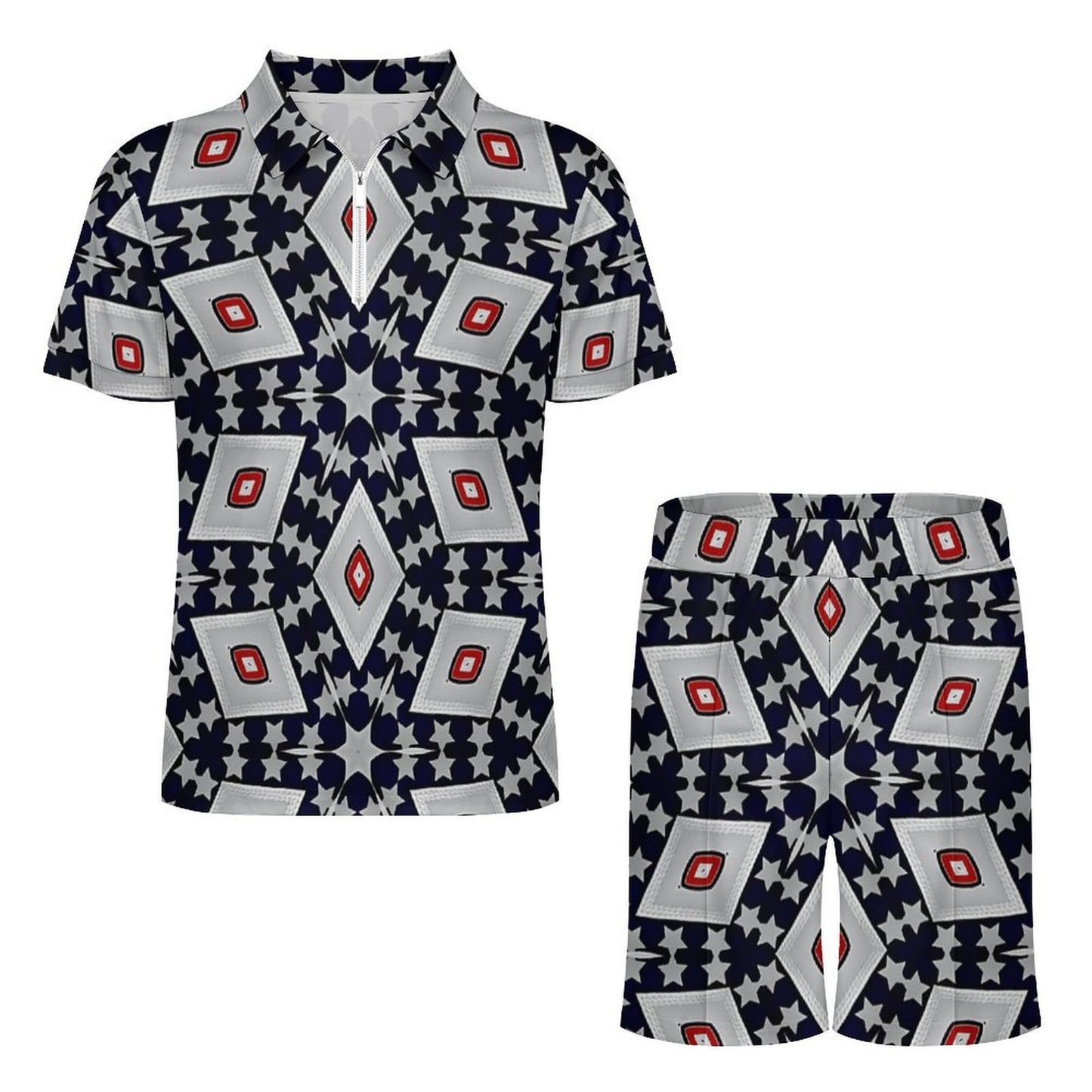 Men's Patriotic Red White Blue Geometric Zip-Up Polo Set