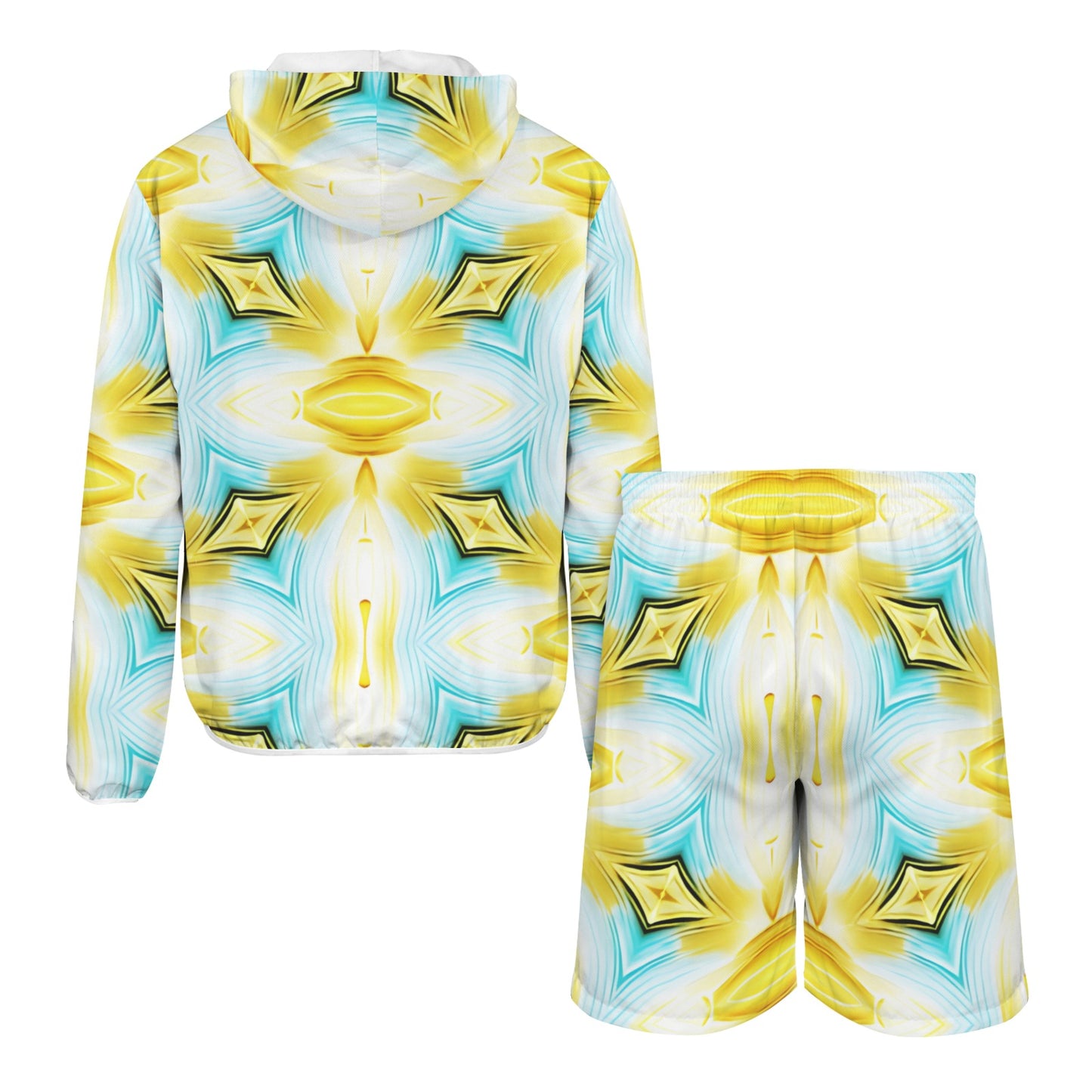 Men's Vibrant Kaleidoscope Geo Pattern All-Over Lightweight Sun Hoodie & Shorts Set