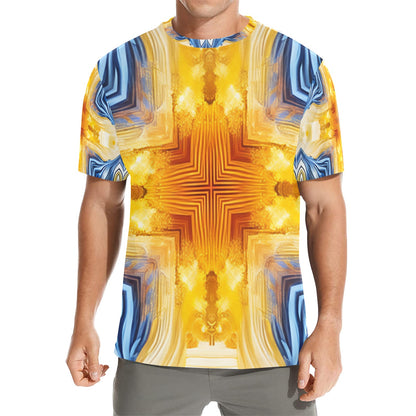 Men’s Bright Orange & Blue Abstract All Over Print Crew Neck T-Shirt