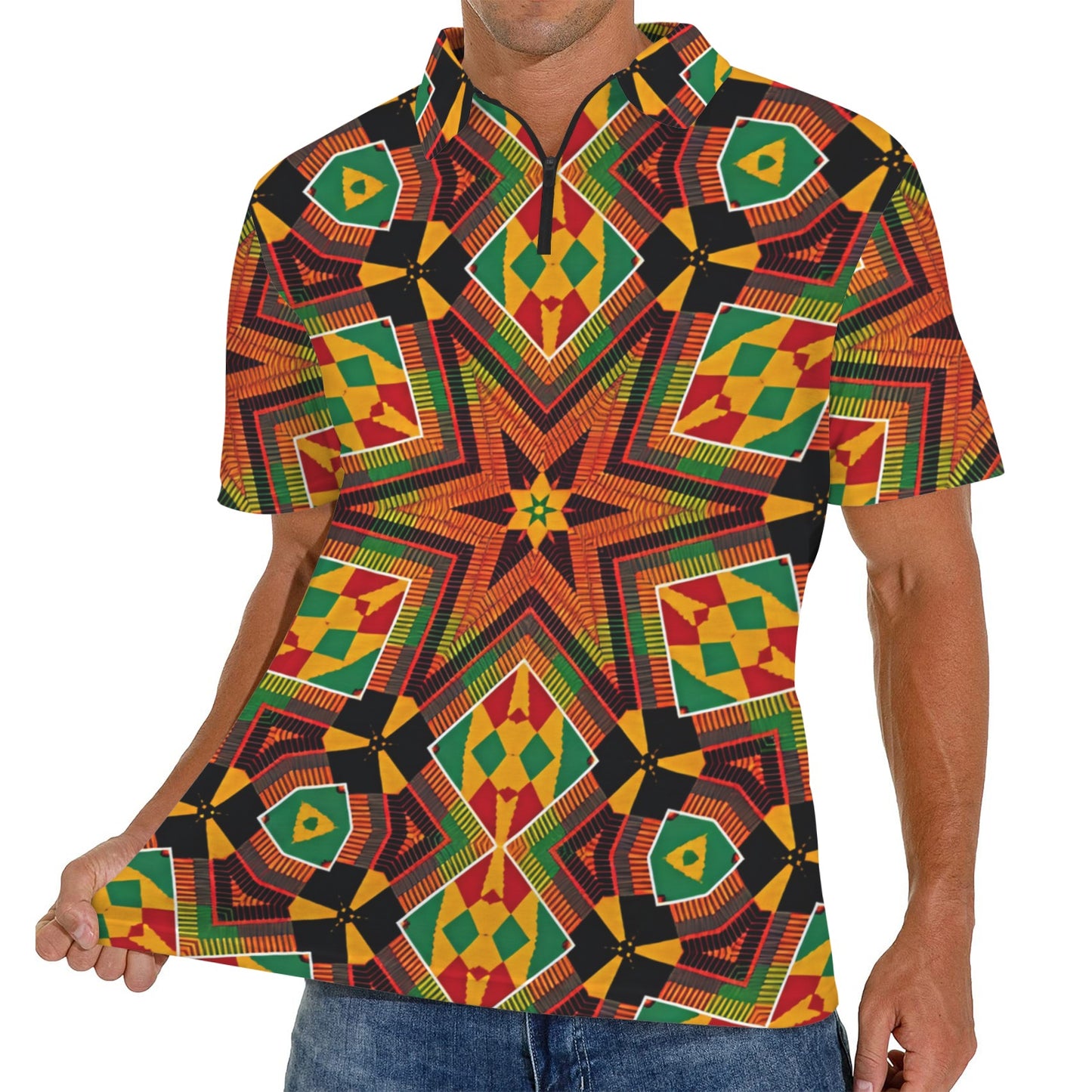 Men's African Kente Geometric Star Pattern All-Over Print Zipper Polo Shirt