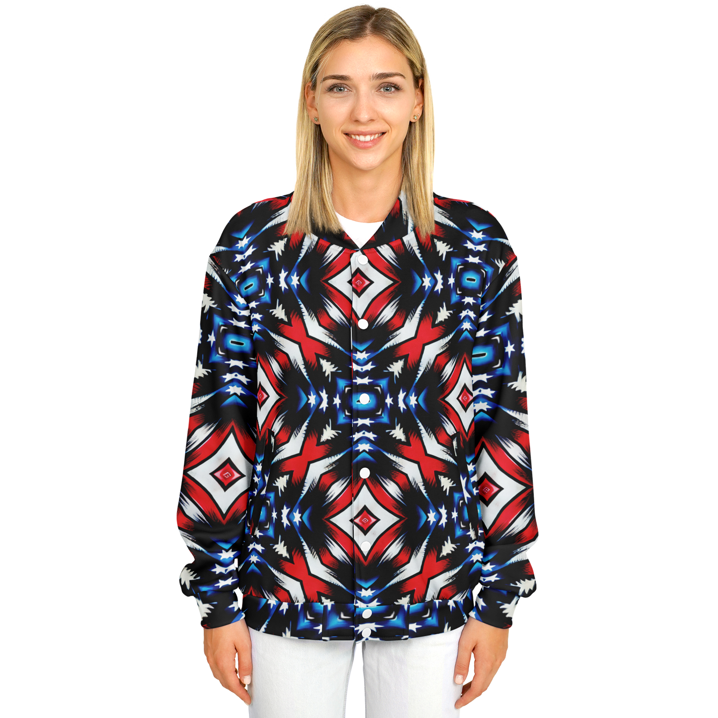 Women's Red White Blue Geometric Pattern All-Over Print Unisex Cut Baseball Jacket