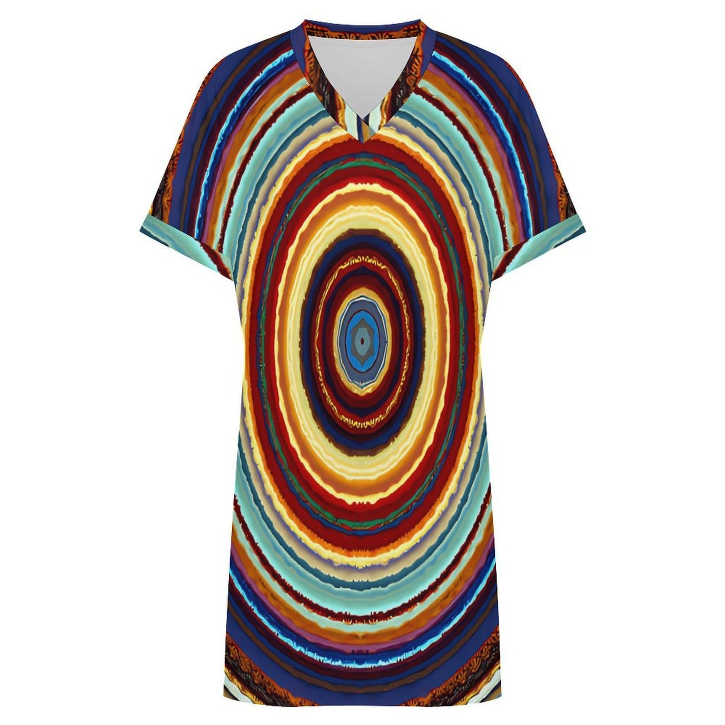 Women's Retro Radiant Circle Pattern All-Over Print Casual V-Neck Dress with Rolled Cuffs