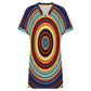 Women's Retro Radiant Circle Pattern All-Over Print Casual V-Neck Dress with Rolled Cuffs