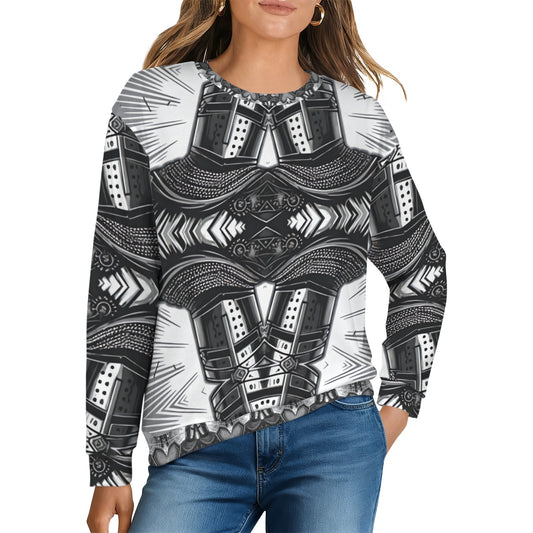 Women's Classic Black & White Geometric Pattern All Over Print Crew Neck Sweater.