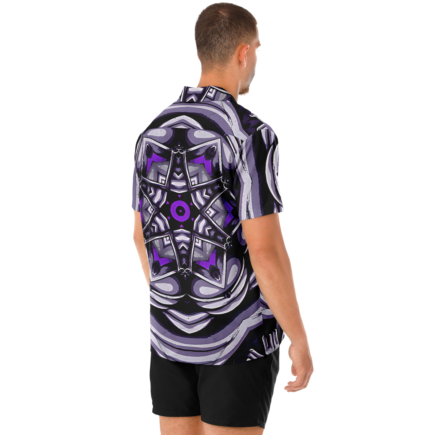 Men's Kaleidoscope Purple Pattern Spread Collar Short Sleeve Button-Down All Over Print Shirt.