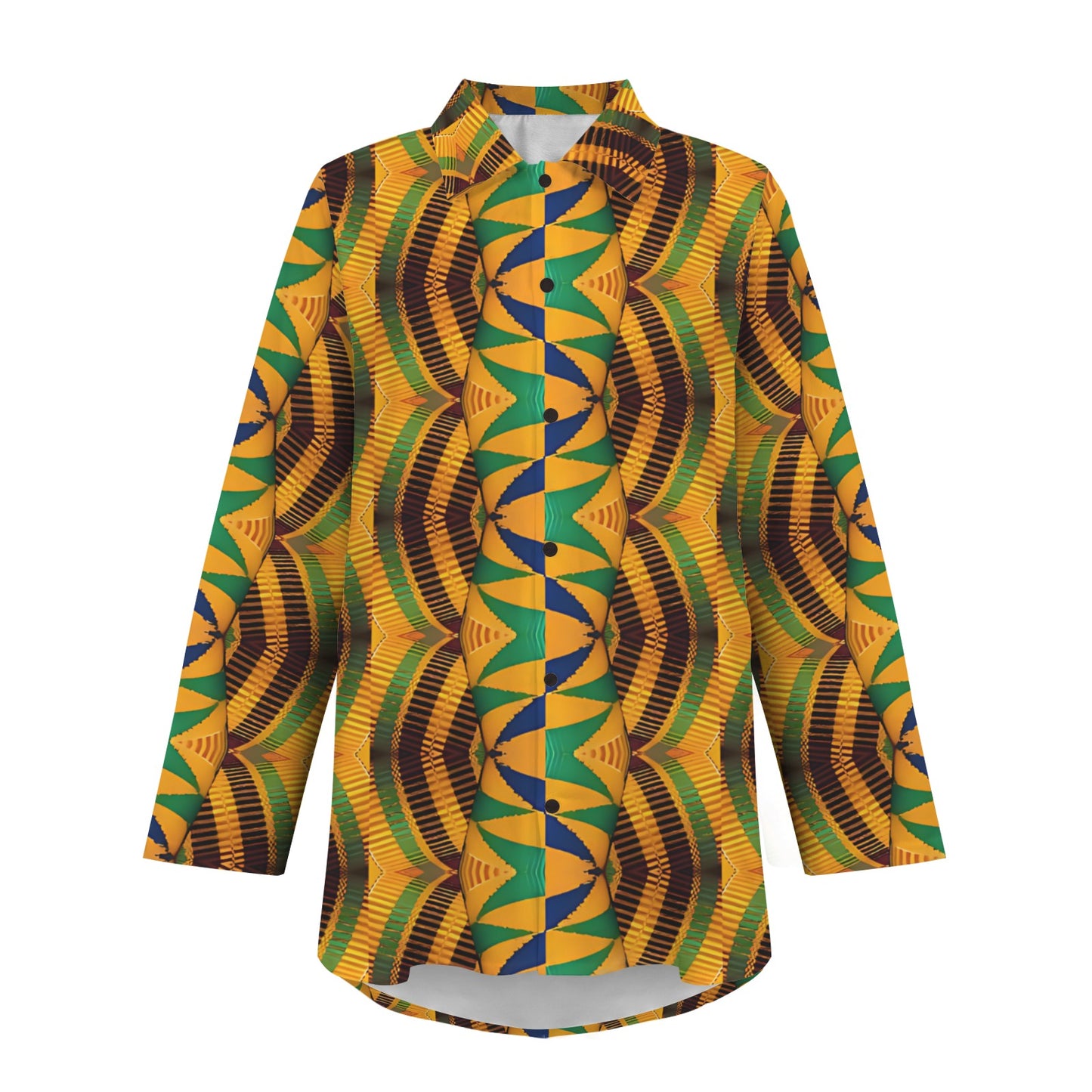 Women's African Kente Kaleidoscope Pattern All-Over Print Long Sleeve Curved Hem Shirt