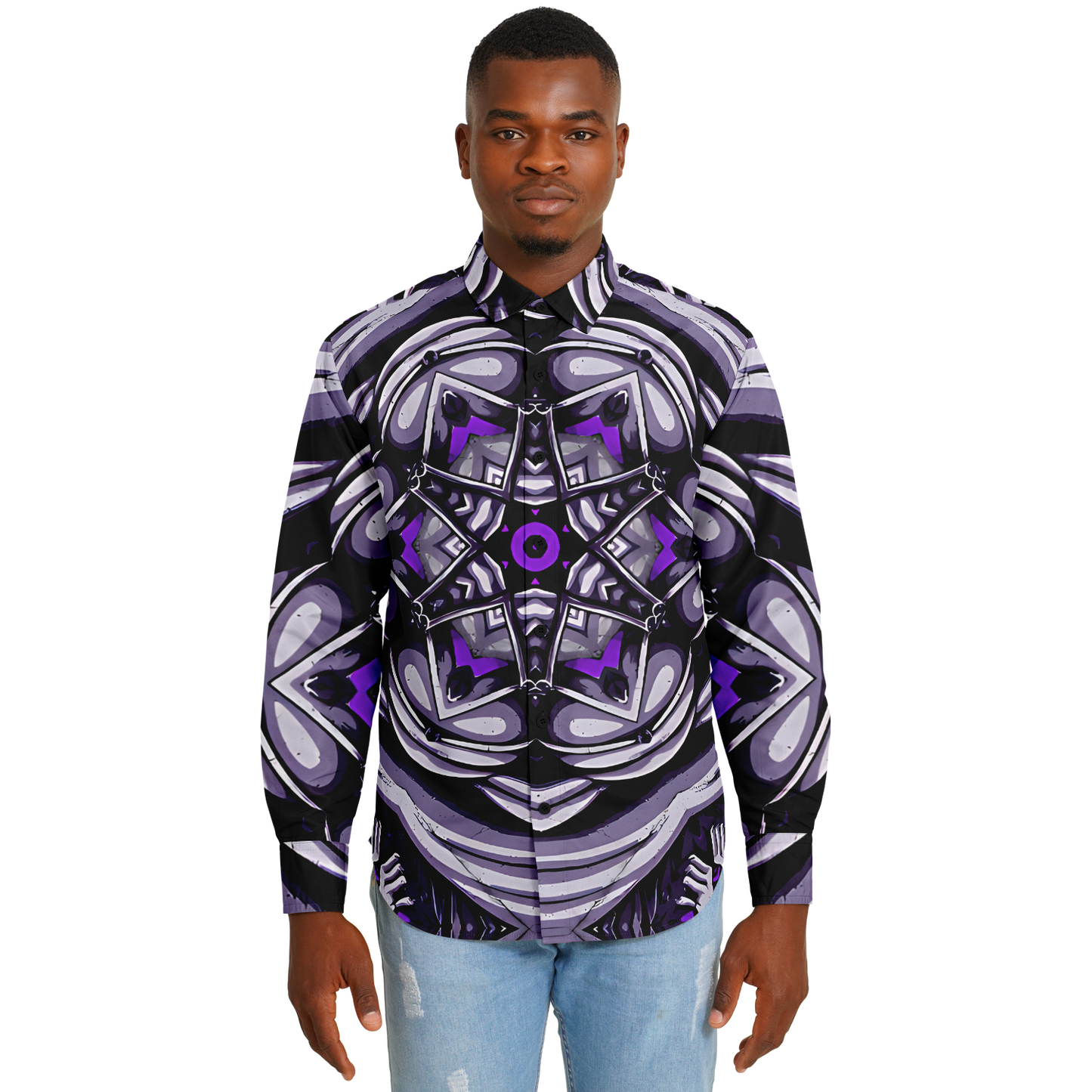 Men's Kaleidoscope Purple Pattern Spread Collar Long Sleeve Button-Down All Over Print Shirt.
