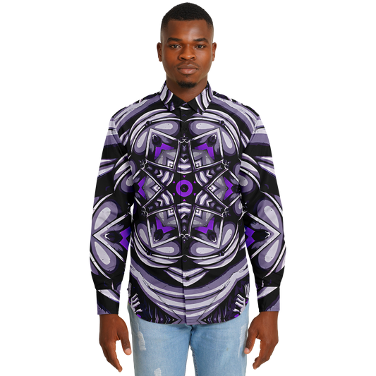 Men's Kaleidoscope Purple Pattern Spread Collar Long Sleeve Button-Down All Over Print Shirt.