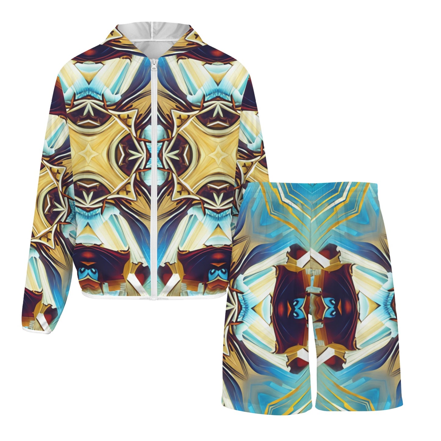 Men's Abstract Teal & Gold Pattern All Over Print Lightweight Sun Hoodie & Shorts Set