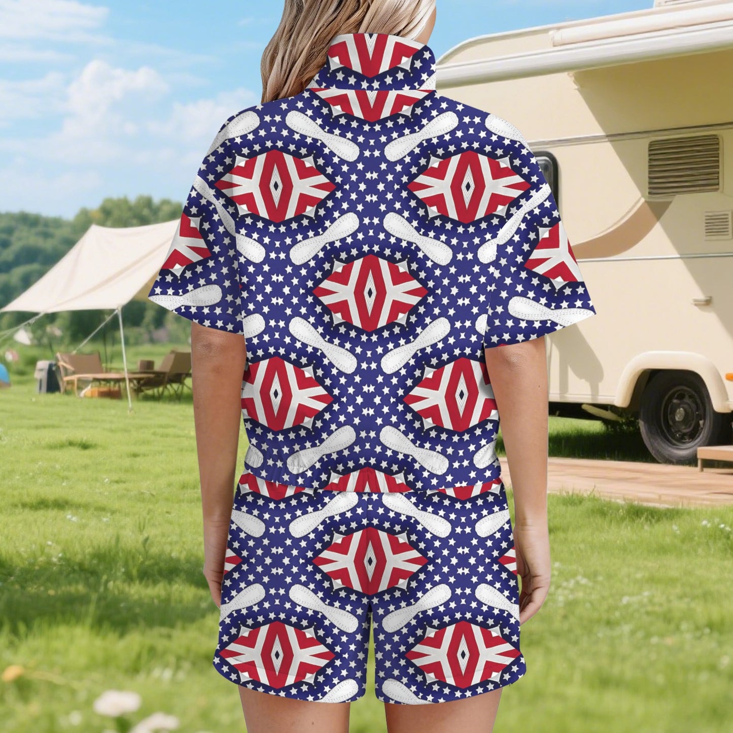Women's Patriotic Stars & Stripes All Over Print  Windbreaker Short Set