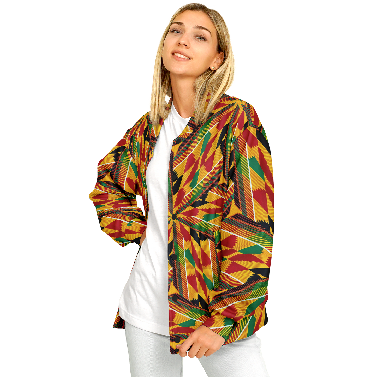 Women's Vibrant African Kente Geometric All-Over Print Baseball Jacket