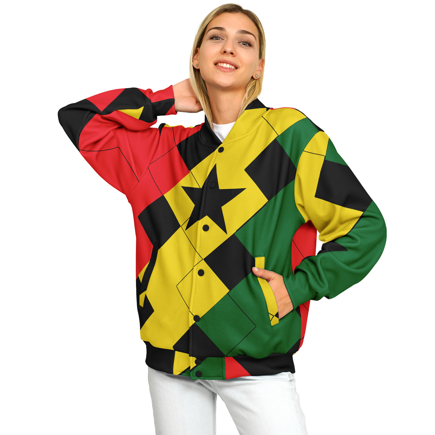 Women's Ghana Flag & Black Star Pattern All-Over Print Baseball Jacket