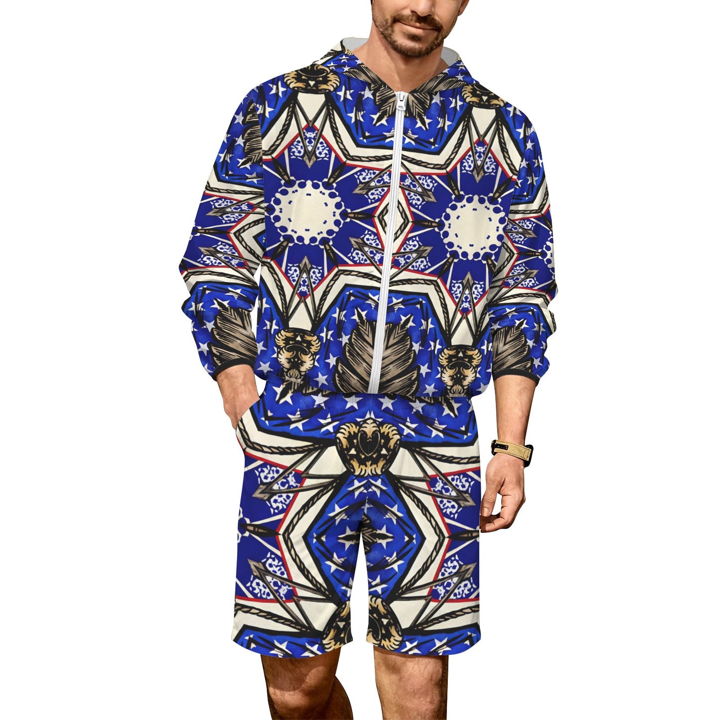 Men's Kaleidoscope Star Pattern All-Over Print Lightweight Sun Hoodie & Shorts Set