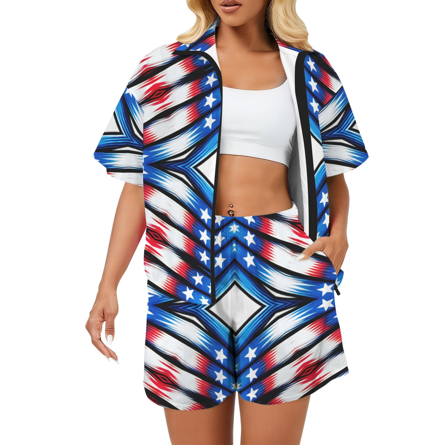 Women's Red White Blue Geometric Pattern All-Over Print All Over Print Windbreaker Short Set