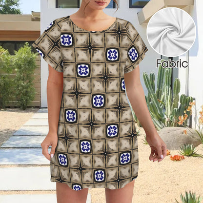 Women’s Neutral Plaid with Blue Tile Accent Pattern Round Neck Pocket Casual Dress