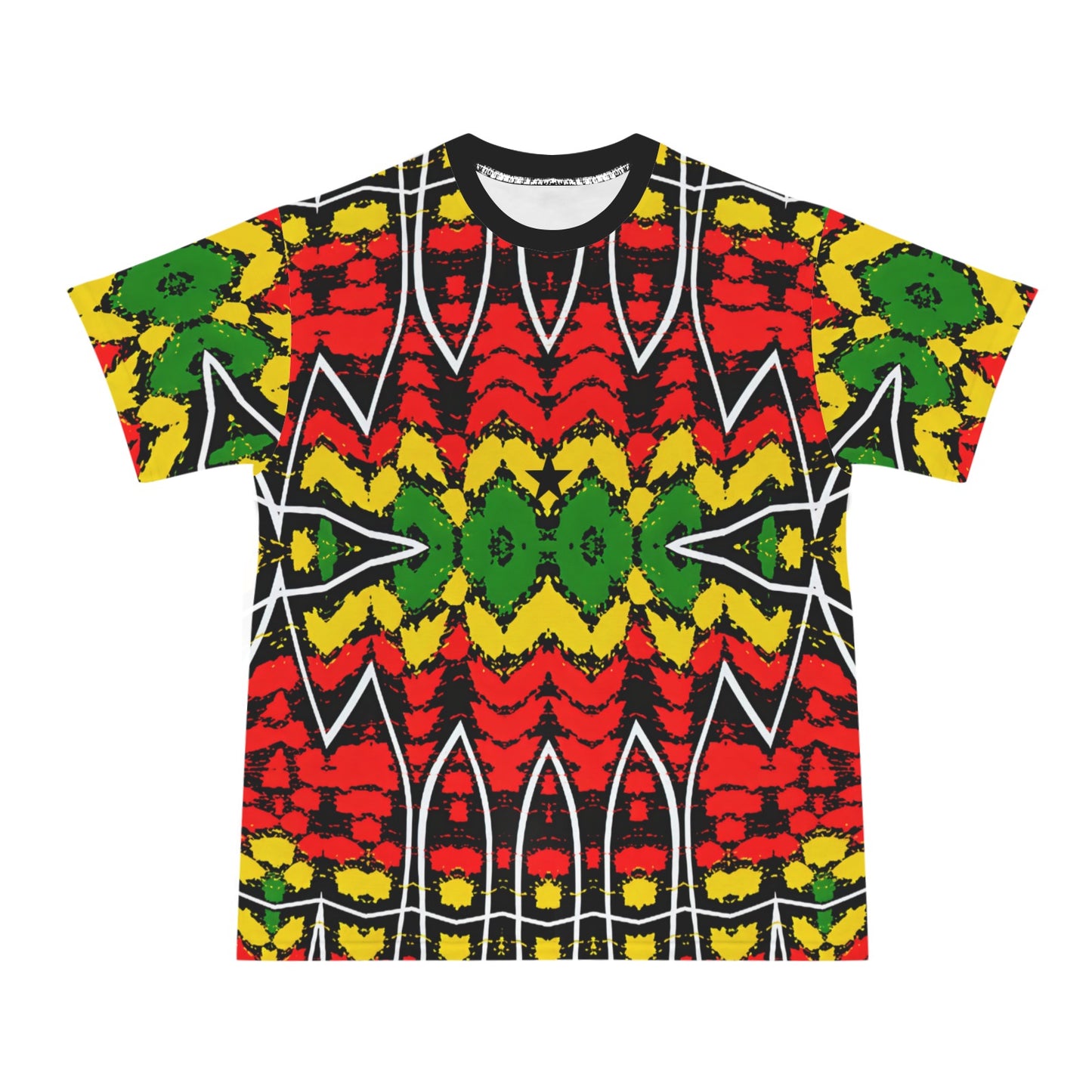 Men's Ghana Flag & Black Star Pattern All-Over Print Ribbed Collar T-Shirt