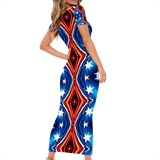 Women's Round Neck Long Dress Short Sleeve Bodycon Pencil Dress
