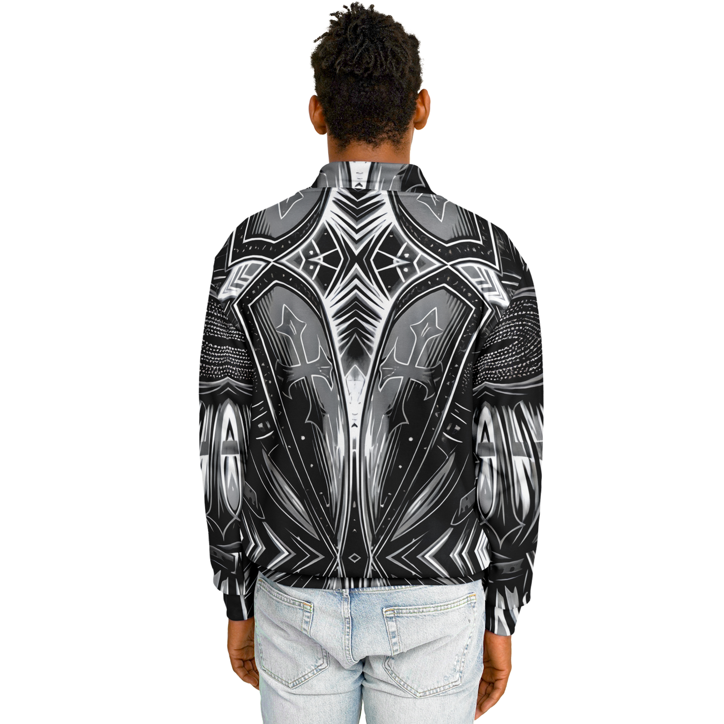Men's Black & Silver Symmetry Pattern All-Over Print Baseball Jacket