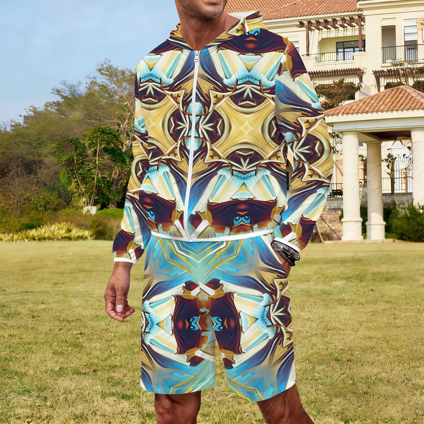 Men's Abstract Teal & Gold Pattern All Over Print Lightweight Sun Hoodie & Shorts Set