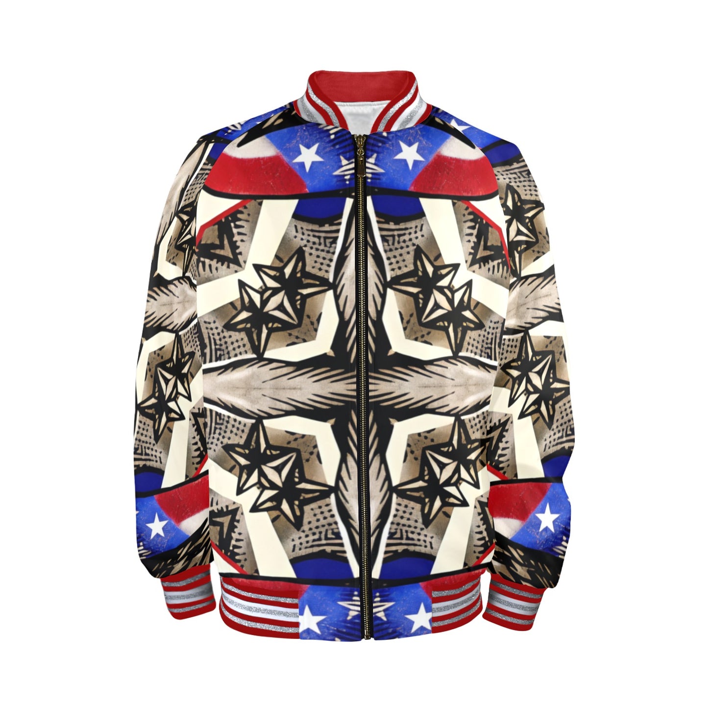 Men's Patriotic Star Kaleidoscope Pattern All-Over Print Striped Trim Bomber Jacket
