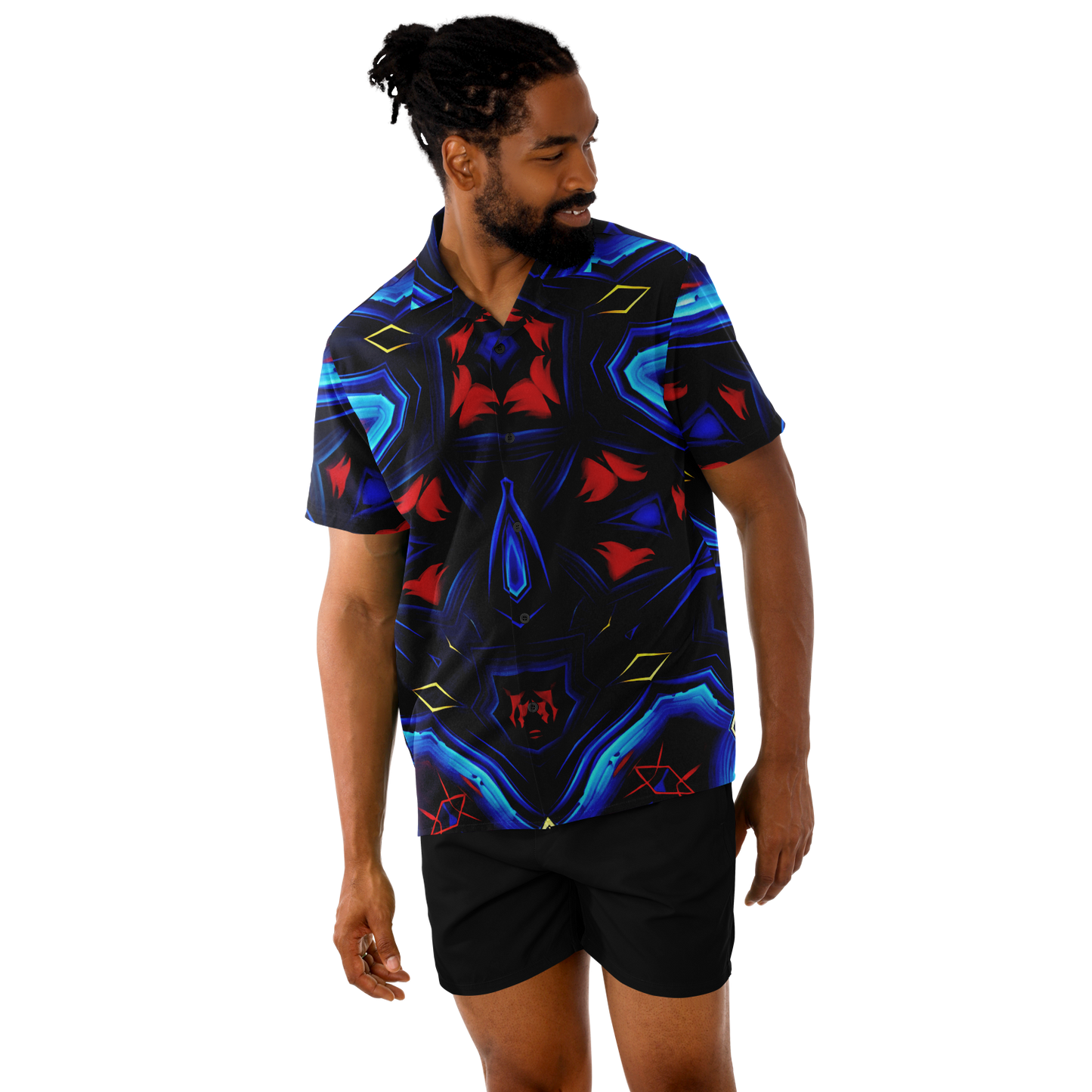 Men's Blue & Red Kaleidoscope Pattern All Over Print Spread Collar Short Sleeve Button-Down Shirt