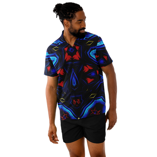 Men's Blue & Red Kaleidoscope Pattern All Over Print Spread Collar Short Sleeve Button-Down Shirt