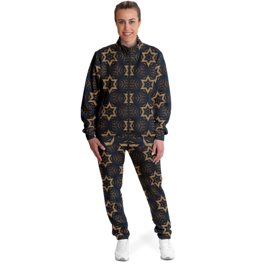 Women's Geometric Floral Pattern in Black & Brown Track Jacket and Pants